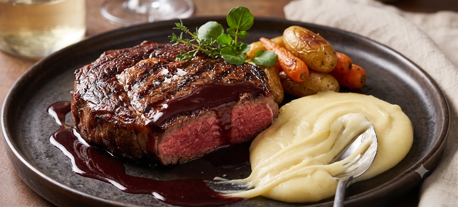 Ancho Black Angus com Aligot de Gruyère e Roti de Cabernet